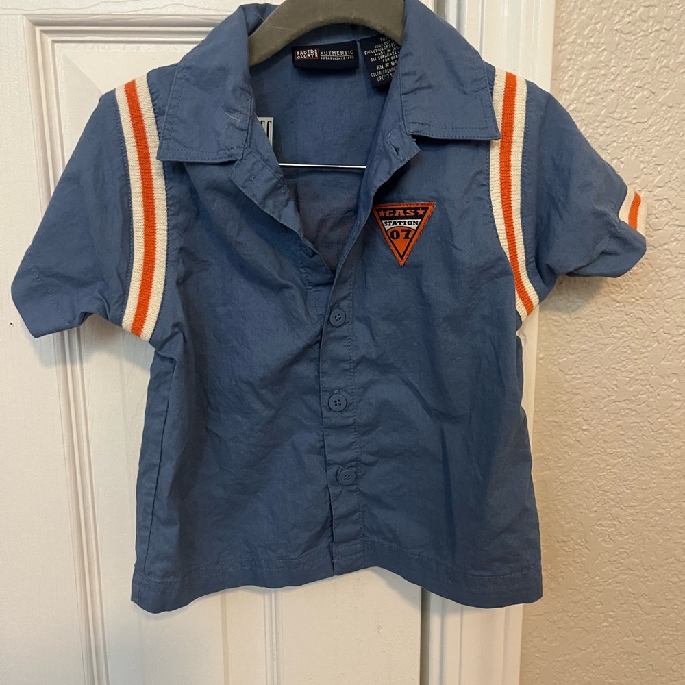 Faded Glory Blue Button Down Kids Shirt with Orange Stripes